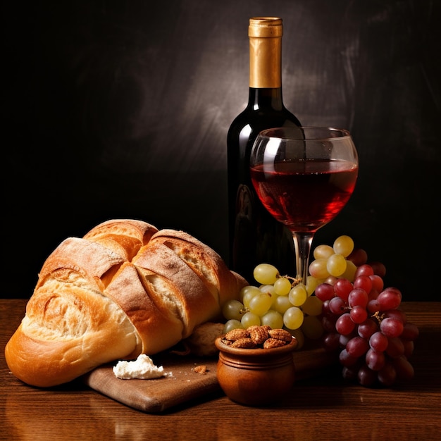 Foto foto botella de vino vaso de pan comida comer bebida copia espacio fondo papel tapiz judaísmo