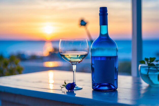 Foto foto de botellas de vino azul y rosas blancas junto a la ventana 2