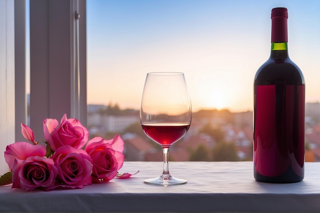 foto de botellas de vino rojo y rosas rojas en el borde de la ventana 18