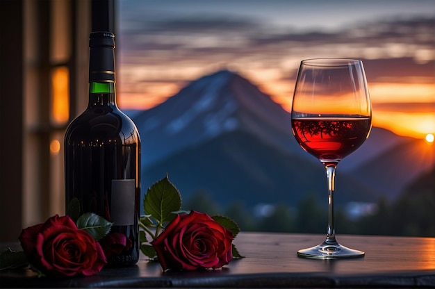 Foto foto de botellas de vino rojo y rosas rojas en el borde de la ventana 6