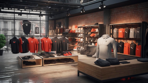 Una foto de una boutique con una sección dedicada a la ropa deportiva.