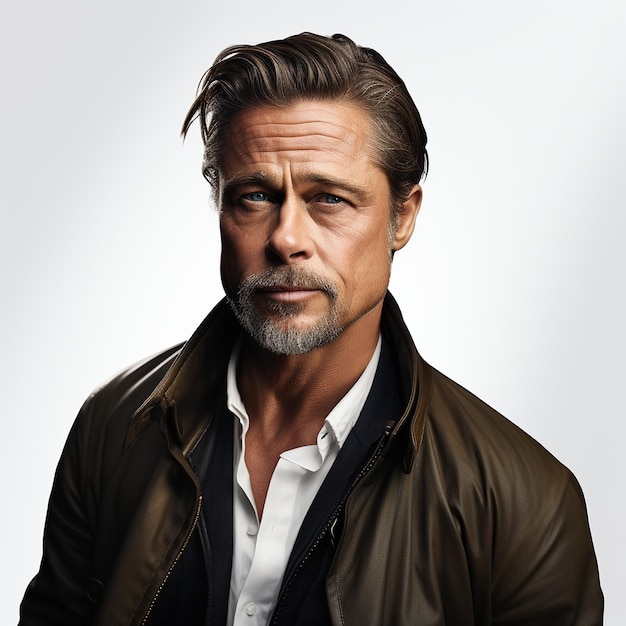 Una foto de Brad Pitt sobre fondo blanco.