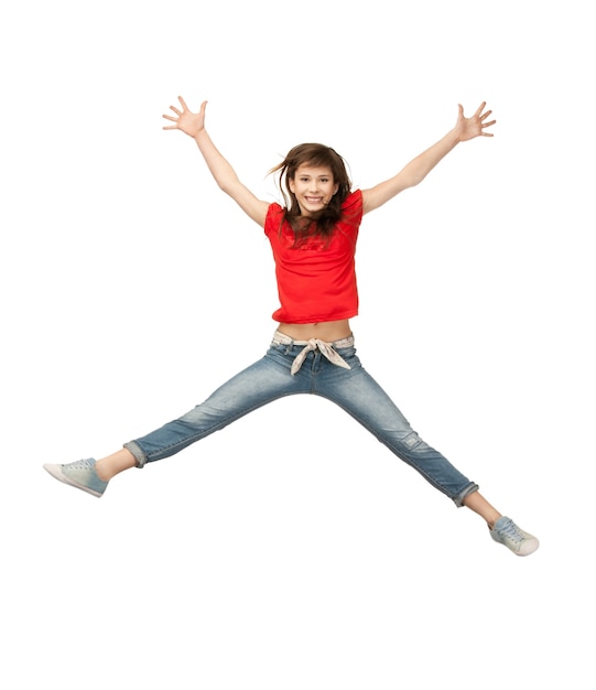 foto brilhante de adolescente feliz pulando