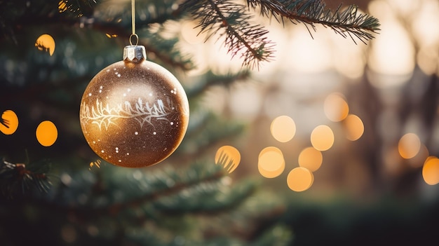 Una foto de un brillante adorno navideño que cuelga de la rama de un árbol