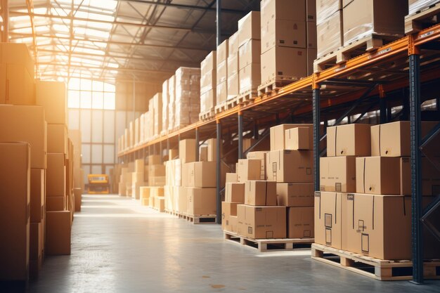 Foto brillante de un almacén de fábrica Almacén o almacenamiento y estantes con cajas de cartón Fondo industrial