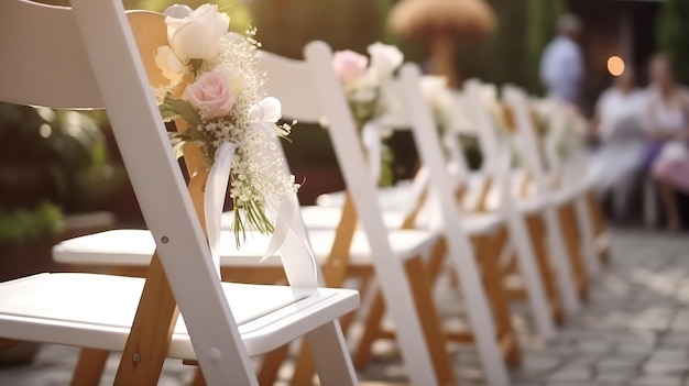 Una foto brillante de sillas de madera blancas decoradas con flores y cintas de satén brillantes decoración de boda en la ceremonia AI generativa