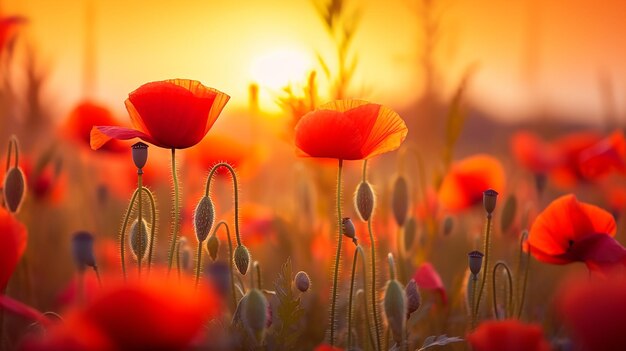 Foto de brillantes y hermosas flores de amapola en la naturaleza con el resplandor del sol