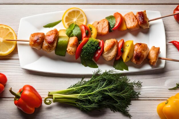 Foto brochetas de pollo con una rodaja de pimientos dulces y eneldo resolución realista