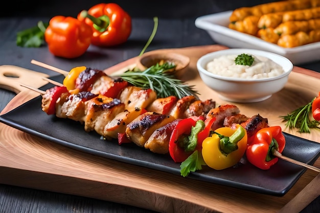 Foto brochetas de pollo con una rodaja de pimientos dulces y eneldo resolución realista