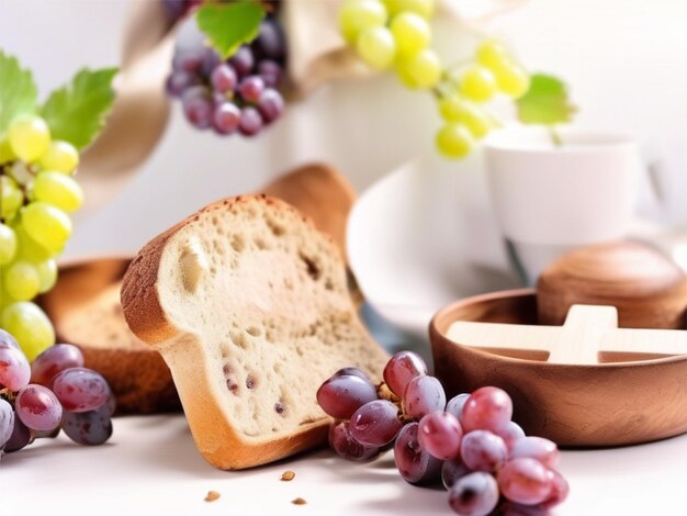 Foto Brotbecher Trauben und Holzkreuz auf weißem Hintergrund Platz für Text