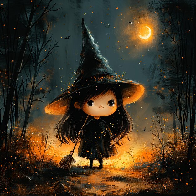 Foto una foto de una bruja y una bruja con un sombrero negro y un sombrerito de bruja