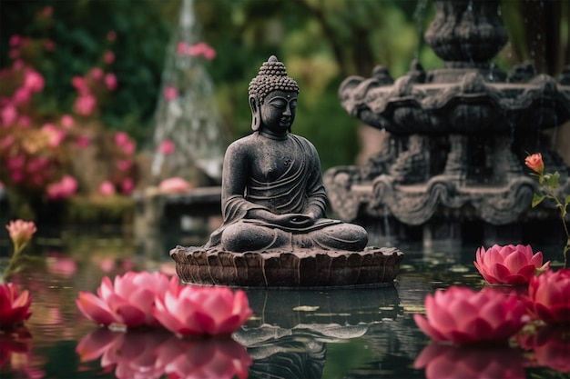 Foto de Buda Purnima vesak día de fondo estatua de Buda con flor de loto y luz de vela lado en r