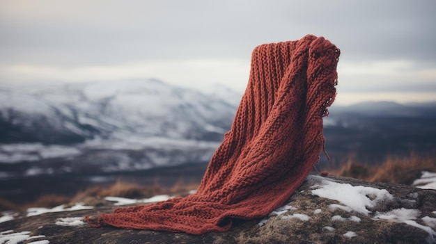 Una foto de una bufanda roja de ladrillo en un paisaje nevado y un cielo nublado