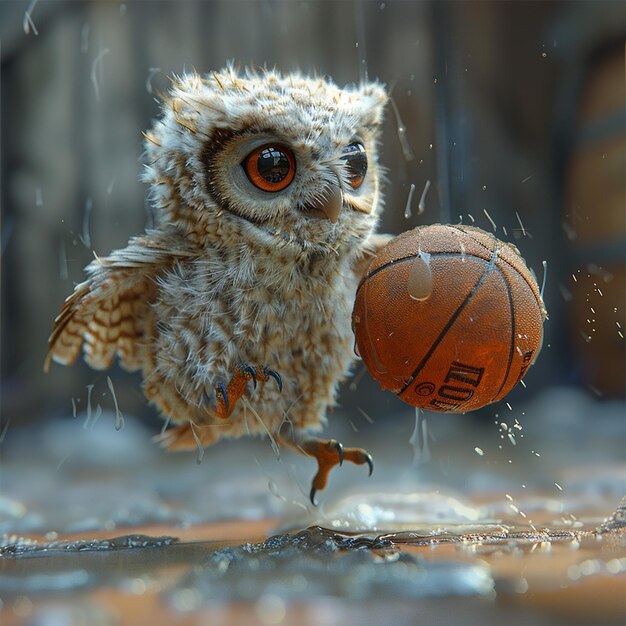 una foto de un búho sosteniendo una pelota deportiva en el diseño de la mano