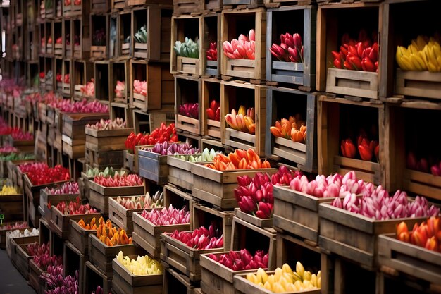 Foto de bulbos de tulipán en cajas de madera de época