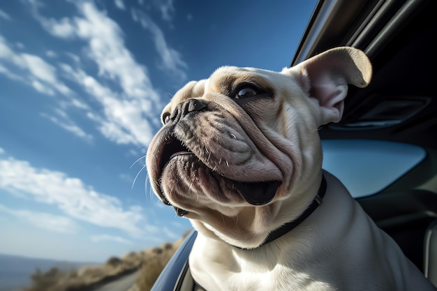 Foto de un bulldog en un coche.