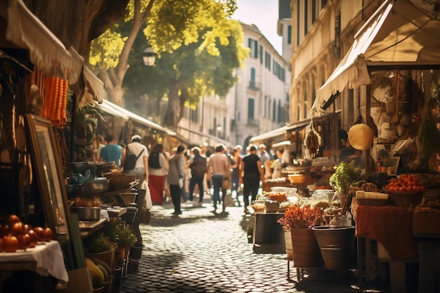 Una foto de un bullicioso mercado callejero en Roma