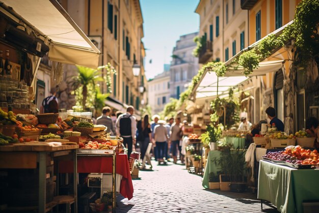 Una foto de un bullicioso mercado callejero en Roma