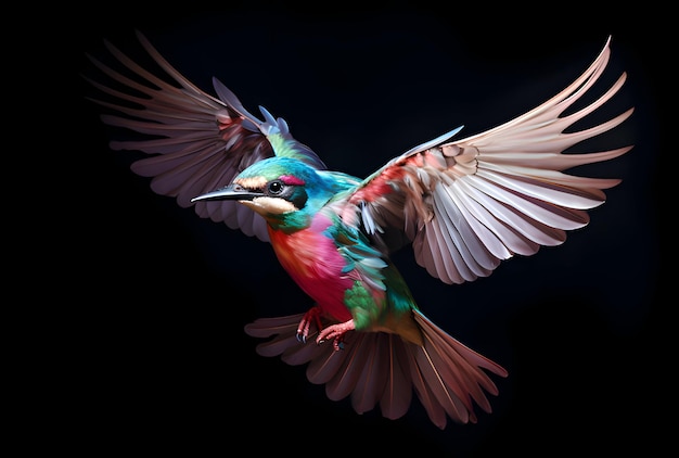 Foto bunte Kolibri-Illustration auf schwarzem Hintergrund generative KI