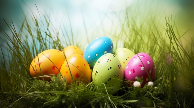 Foto bunte Ostereier im Gras an einem sonnigen Frühlingstag, Kopienraum, erzeugt Ai