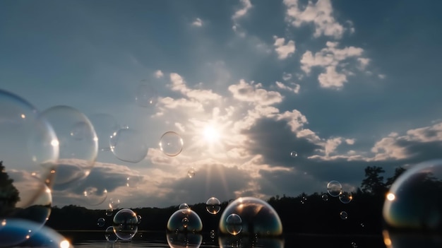 Una foto de burbujas en el cielo con el sol brillando a través de las nubes