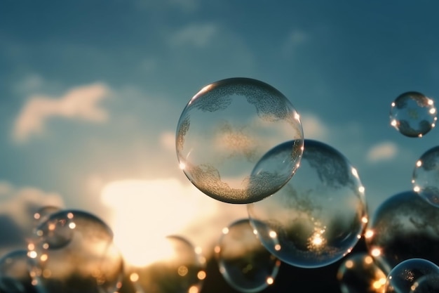 Una foto de burbujas en el cielo con el sol poniéndose detrás de ellas