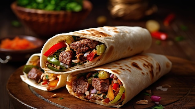 Foto-Burritos-Wraps mit Rindfleisch und Gemüse, Hintergrund, Gemüse, Draufsicht. Eine professionelle Fotografie sollte eine hochwertige generative KI verwenden