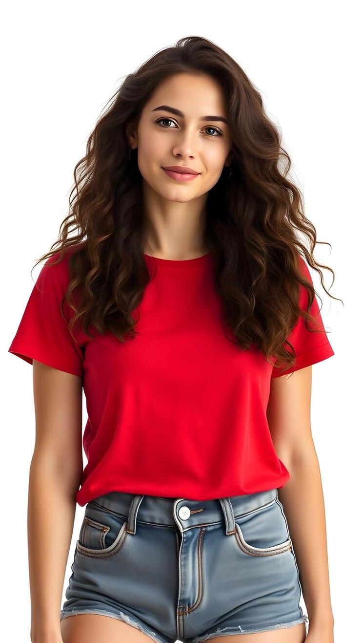 Foto foto burtonstyle de uma jovem mulher caucasiana com camiseta vermelha e calções cinzentos de denim em fundo branco