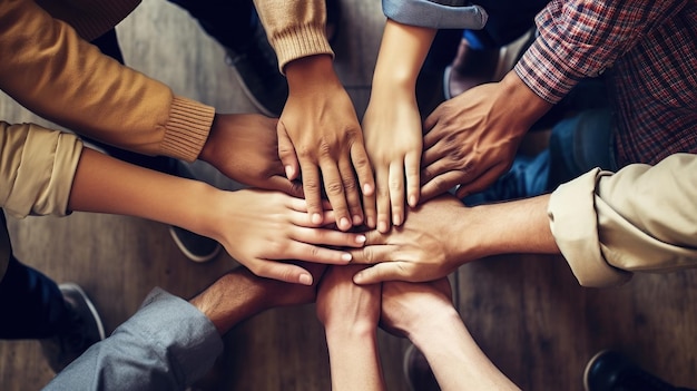 Foto-Business-Teamwork-Konzept, Draufsicht auf zusammengefügte Hände, generative KI