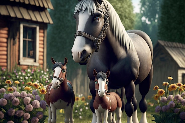 Una foto de un caballo y dos caballos.
