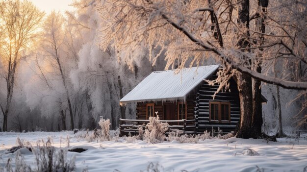 Una foto de una cabaña cubierta de nieve a la luz suave de la mañana