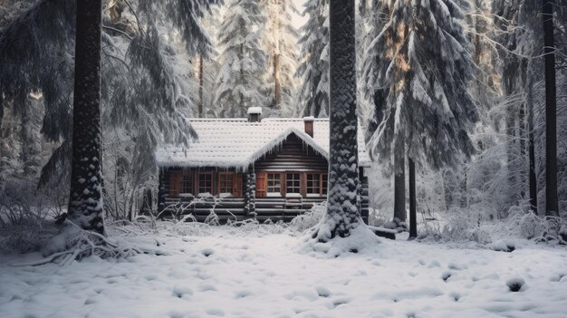 Una foto de una cabaña de madera rústica en un bosque nevado con luz difusa suave