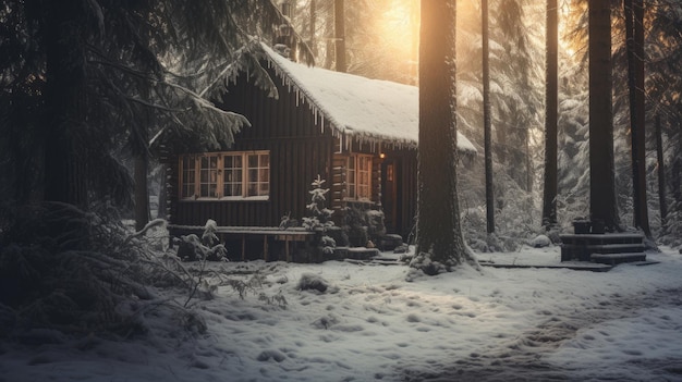 Una foto de una cabaña de madera rústica en un bosque nevado con luz difusa suave