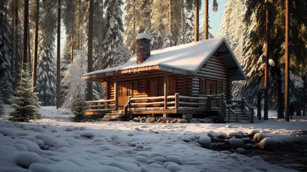 Una foto de una cabaña de madera tradicional en un bosque nevado a la luz suave de la mañana