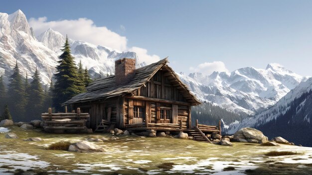 Una foto de una cabaña de montaña aislada