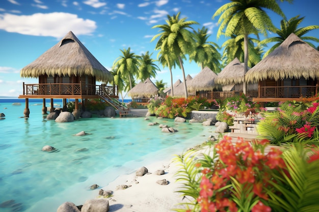 Foto cabaña de resort tropical con vista a la playa y flores generadas por ai