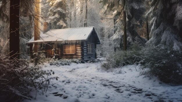 Una foto de una cabaña rústica de madera en un bosque nevado con una suave luz difusa