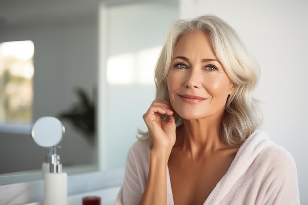 Foto de cabeza de una hermosa mujer rubia adulta de mediana edad de 50 años parada en el baño después de la ducha tocando la cara mirando el reflejo en el espejo haciendo una rutina de belleza matutina Concepto de cuidado de la piel más antiguo