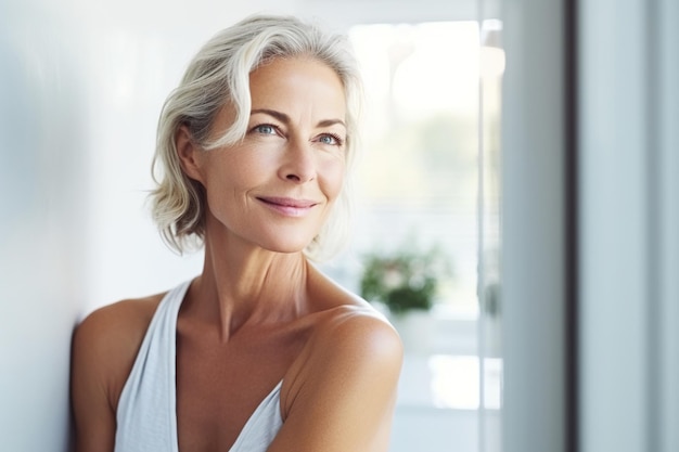 Foto foto de cabeza de una hermosa mujer rubia adulta de mediana edad de 50 años parada en el baño después de la ducha tocando la cara mirando el reflejo en el espejo haciendo una rutina de belleza matutina concepto de cuidado de la piel más viejo