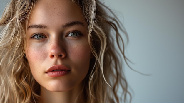 Foto foto de cabeza de una joven hermosa mujer rubia caucásica en un fondo gris mirando a la cámara