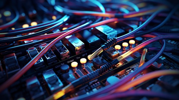 Una foto de cables y conexiones de computadora.