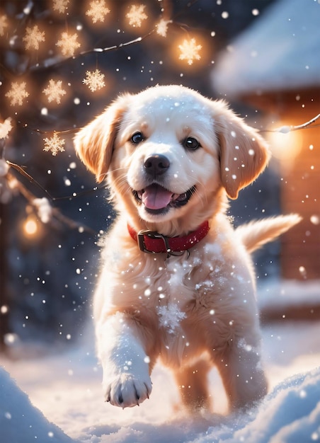 Foto del Cachorrito en la nieve en Navidad