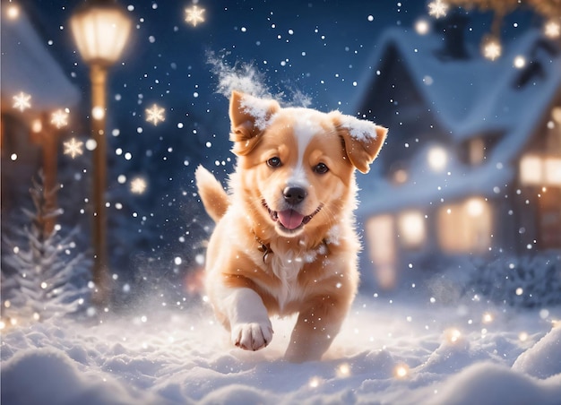 Foto del Cachorrito en la nieve en Navidad