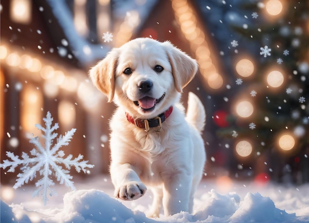 Foto del Cachorrito en la nieve en Navidad