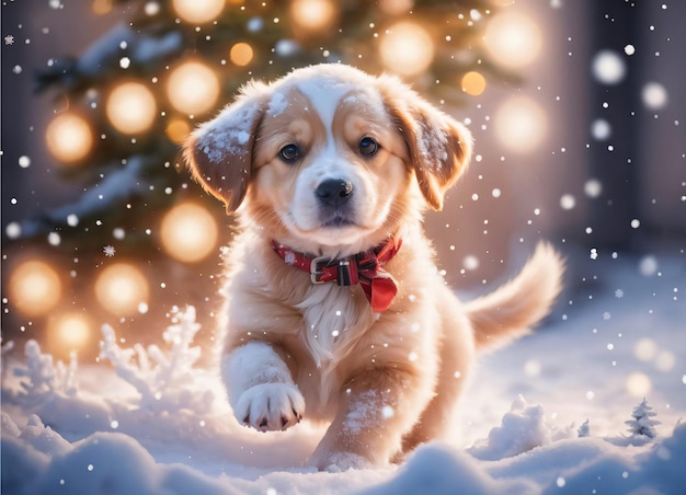 Foto del Cachorrito en la nieve en Navidad