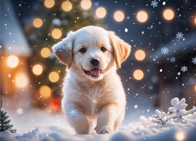 Foto del Cachorrito en la nieve en Navidad