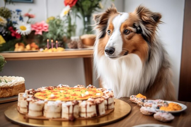 Foto cachorro feliz comemora festa de aniversário bolo de aniversário