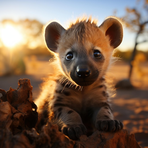 Foto de un cachorro de hiena explorando sus alrededores IA generativa
