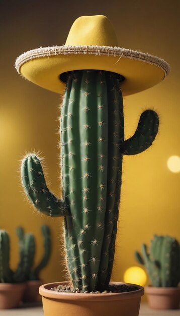 Foto de un cactus animado con sombrero en amarillo