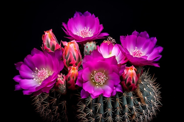 Foto de un cactus con flores rosas y púrpuras